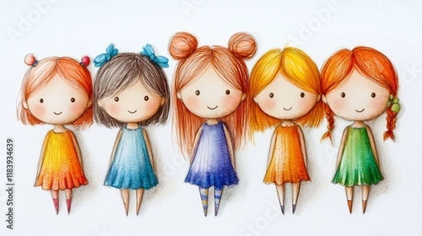 Fototapeta Five girls, colorful dresses, illustration, friendship, white background, children's book