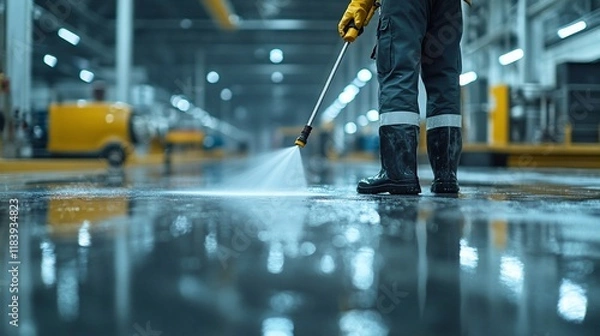 Obraz Factory floor cleaning worker pressure washing industrial space