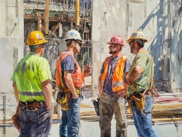 Fototapeta Four construction workers in hard hats and safety vests converse on a sunny construction site.