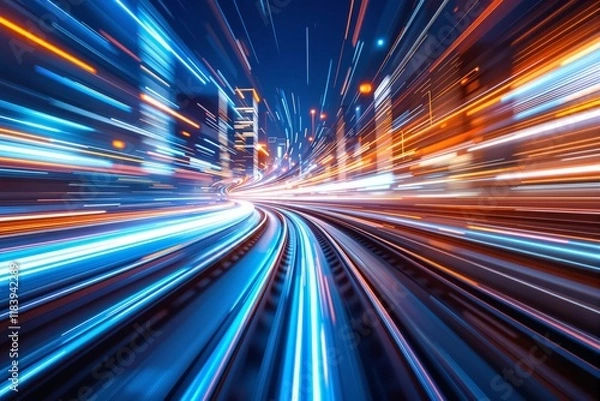 Fototapeta Futuristic train tracks with vibrant blue and orange neon light trails against a dark cityscape background. Concept of motion and technology. Ai generative