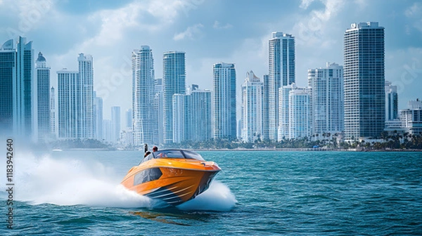 Obraz A speedboat racing past Miami Beach, with skyscrapers rising in the background, during a thrilling water activity
