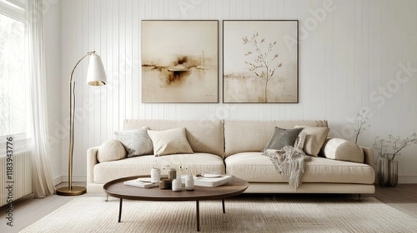 Fototapeta A realistic photo of a stylish living room with white walls, a beige sofa, and a coffee table The soft rug, standing floor lamp, and decorative paintings add a modern, chic touch Cushions and throws