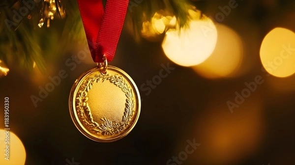 Fototapeta A close-up of a shining gold medal hanging from a red ribbon, with intricate details highlighted, symbolizing achievement, victory, and success 