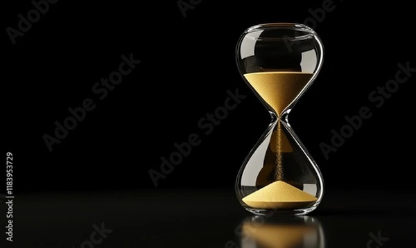 Fototapeta Elegant hourglass with falling golden sand captures the essence of time against a sleek black background