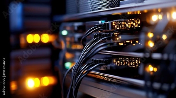 Fototapeta Data center showcasing telecommunication ethernet cables connected to an internet switch with illuminated network indicators