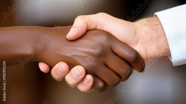 Fototapeta Two hands shaking, symbolizing unity, respect, and collaboration between diverse individuals.