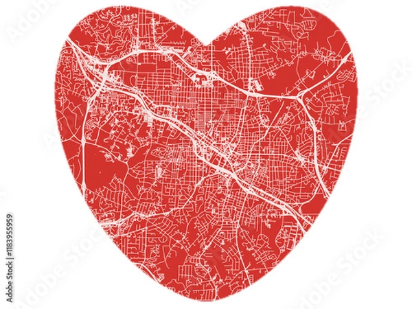 Fototapeta Heart-Shaped Map of Durham North Carolina, USA in Bold Red and White Design.