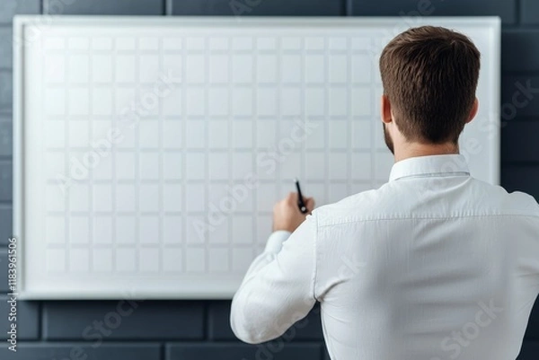 Fototapeta Time management tips concept. Professional man writing on a blank whiteboard in a modern office setting.