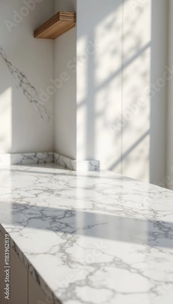 Fototapeta Interior with marble countertop, with a wooden shelf and shadows from a window creating light patterns.