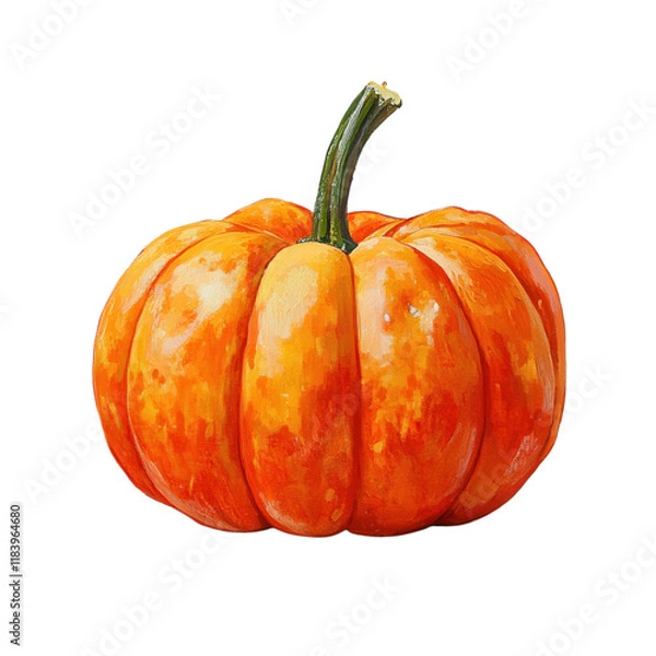 Fototapeta Vibrant orange pumpkin with a green stem on a clean white background, perfect for seasonal designs and festive themes