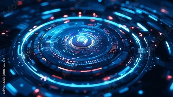 Fototapeta A futuristic digital interface with blue and red glowing elements in a circular design.