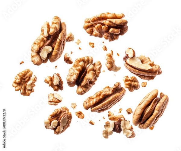 Obraz Falling walnuts on high fidelity png food studio environment close-up view isolated on transparent background png
