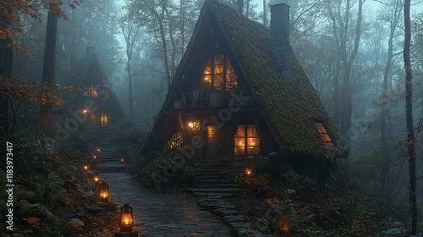 Fototapeta cozy cottage in a dark forest, dramatic atmosphere