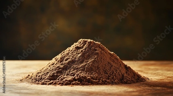 Fototapeta A finely textured mound of brown powder sits on a wooden surface, highlighted by focused lighting, evoking thoughts of spices or cocoa in a culinary setting.