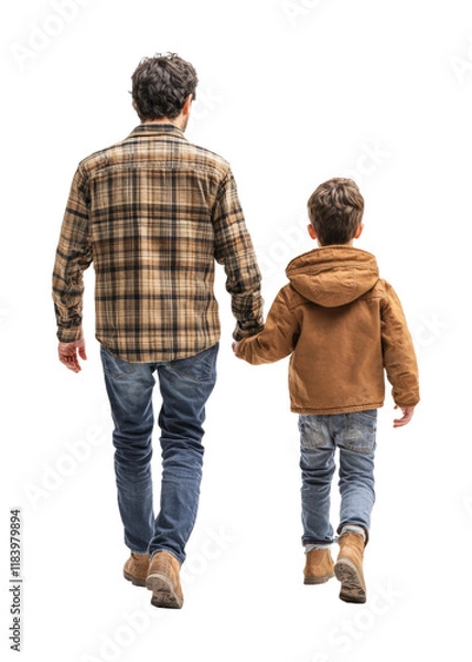 Obraz Father and son walking together outdoor setting family bonding back view warm atmosphere connection in nature isolated on transparent background png