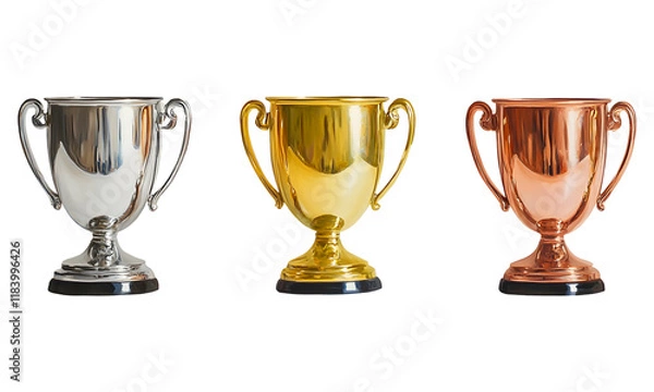 Fototapeta A collection of trophy cups for the first three winners. Gold, silver, bronze, and copper prize cup on a transparent background