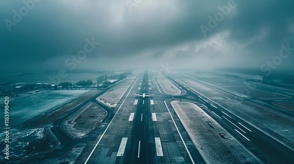 Fototapeta Aerial view of an empty airport runway with a single airplane parked under cloudy skies, symbolizing flight cancellation and travel disruption.