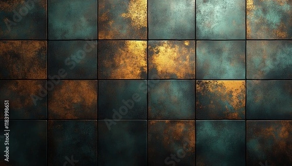 Fototapeta Grunge metallic teal and gold tile wall background for textures