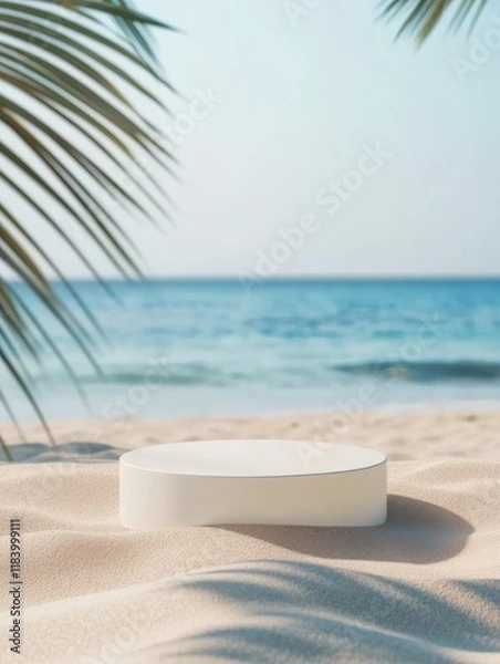 Fototapeta Empty podium beach scene features soft sand and gentle waves lapping at the shore. A blank platform sits invitingly surrounded by palm leaves, ready for creative ideas or relaxation by the sea.