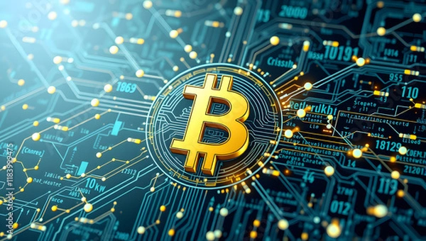 Obraz A 3D render of the Bitcoin symbol surrounded by complex blockchain data. Cryptocurrency and Digital Assets