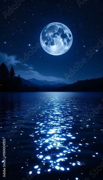 Fototapeta Full Moon Fantasy Night Rising Over the Lake with Waves and a Starry Horizon in an Astronomical Evening Sky