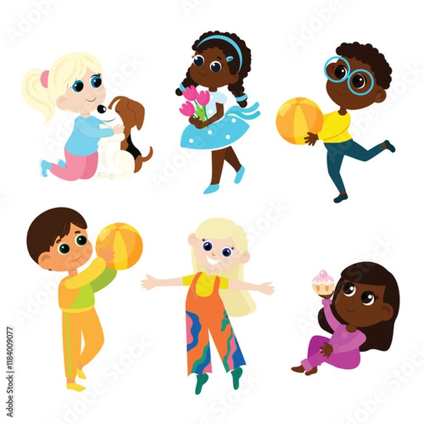 Fototapeta Set of little international children sitting, walking, running and playing isolated on a white background in cartoon style.