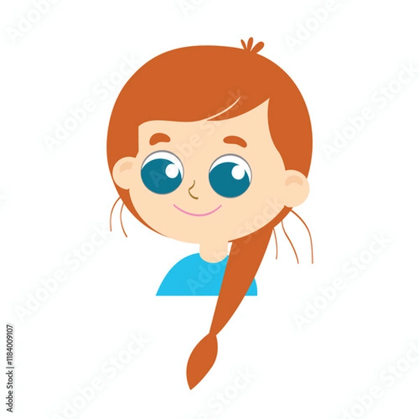 Fototapeta Girl with pigtail smiling in cartoon style isolated on a white background.