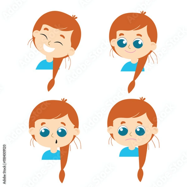 Fototapeta Set of a girl with a pigtail different emotions in cartoon style isolated on a white background.