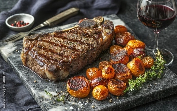 Fototapeta A thick porterhouse steak resting on a marble plate, accompanied by roasted vegetables and a glass of red wine in a classy restaurant setting
