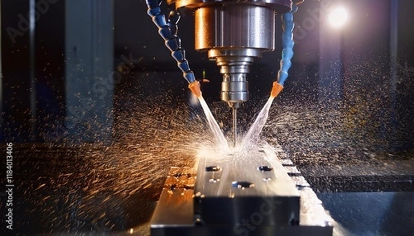 Fototapeta CNC milling machine processing on steel with cooling