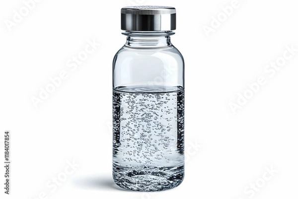 Fototapeta Close-up of a clear glass vial filled with a transparent liquid containing small particles, isolated on white background. Medical, healthcare, science