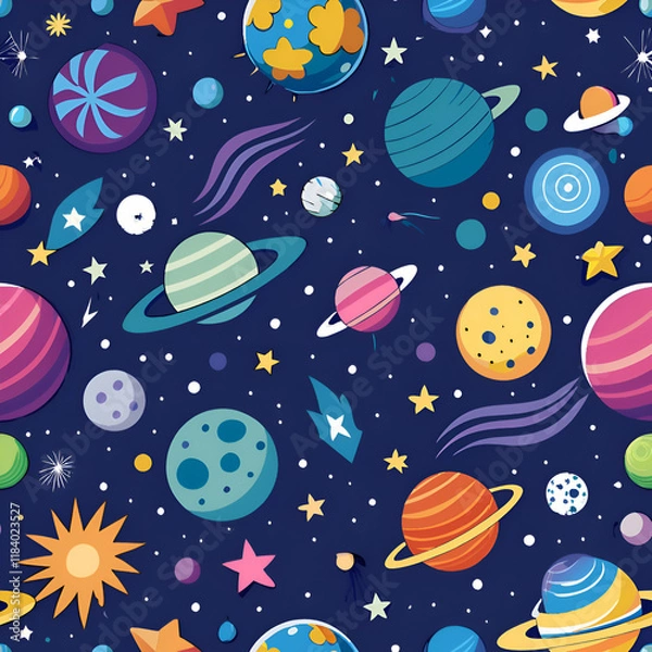 Fototapeta A whimsical space pattern with colorful planets and stars.