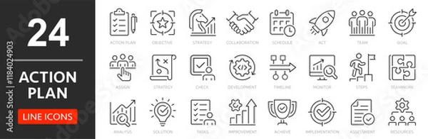 Obraz Action plan thin line icon set. Goal, strategy, plan and case monitoring. Assessment, timeline, solution, analysis, implementation, check - stock vector.