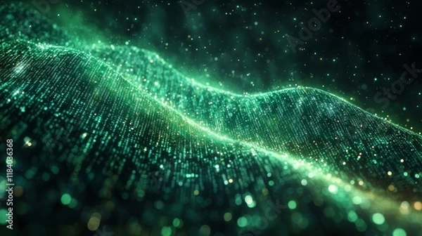 Fototapeta Abstract green particle waves flow elegantly. Digital data streams visualised. Luminous energy, modern technology background.
