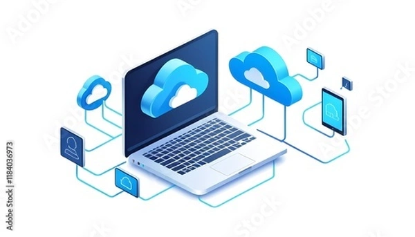 Fototapeta Isometric Data Transfer and Cloud Storage Icon: Digital Service Representation with Network Connection for Websites