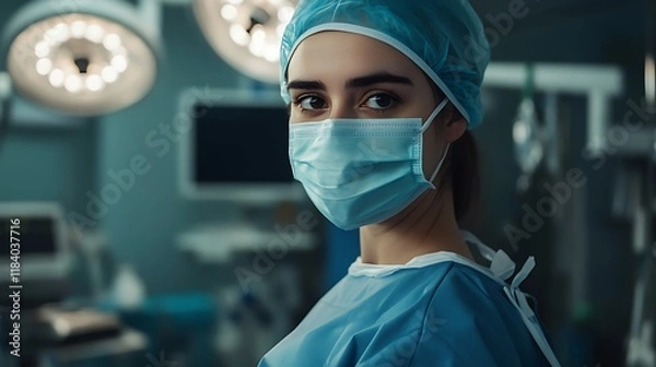 Fototapeta Portrait of a young female surgeon in a hospital, wearing a respiratory mask and blue uniform in an operating room