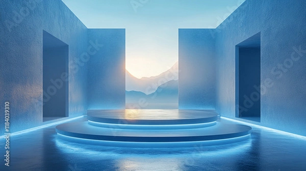 Fototapeta serene 3D space with smooth square podium and glowing blue light