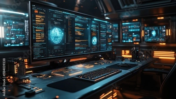 Fototapeta Futuristic control room programmer coding, network monitoring, spaceship background