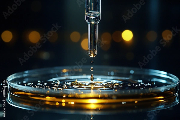 Fototapeta pipette hovers over petri dish, releasing droplets in backlit laboratory setting