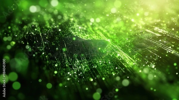 Fototapeta Green data streams flow across digital map