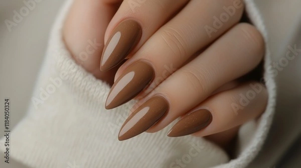 Fototapeta Brown almond-shaped nails displayed elegantly with soft fabric background in a cozy indoor setting, Mocha Mousse trend color