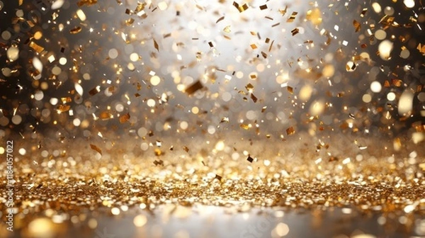 Fototapeta Golden confetti falling, celebratory background, studio shot, event backdrop