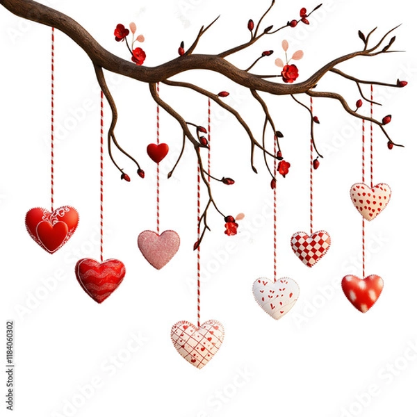 Fototapeta Valentine's Day hanging hearts on tree branch isolated transparent background png