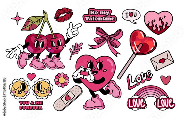 Fototapeta Retro groovy sticker set for Valentines day. Heart and cherry characters in trendy retro 60s 70s cartoon style. Romantic vector characters and elements.