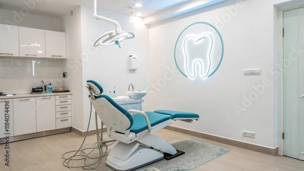 Fototapeta Bright dental office featuring a modern dentist chair and glowing tooth icon creating an inviting and clean atmosphere for patients seeking oral care services