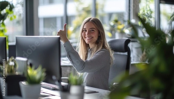 Obraz A young woman with a bright smile gives a thumbs up while seated at her desk in a stylish office. Lush plants surround her, creating a vibrant, positive atmosphere conducive to productivity