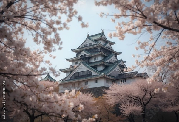 Fototapeta Japanese castle framed by cherry blossoms in spring