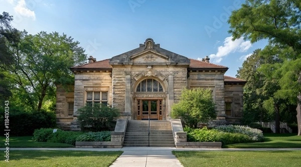 Fototapeta Historic Public Library Building Surrounded by Greenery Under a Clear Blue Sky