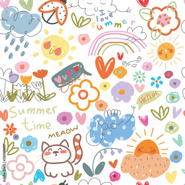 Fototapeta Seamless pattern with kids illustration , cartoon nature, doodle. Rainbow, cloud, flower, fruits, dots and spots words summer, I love summer. Vector illustration.
