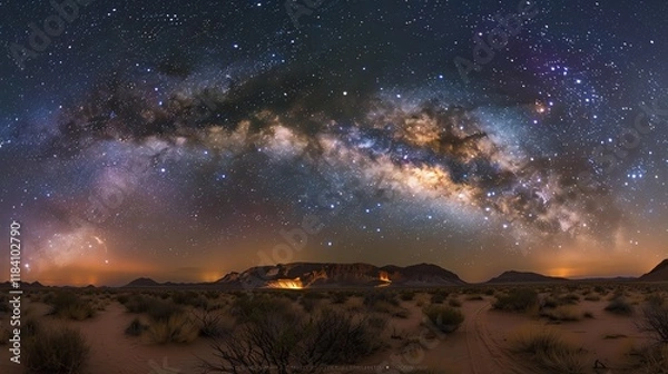 Fototapeta A panoramic view of the Milky Way over a desert landscape.